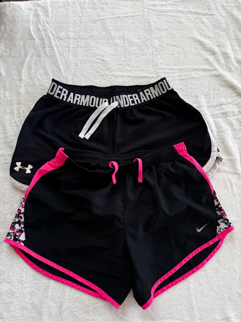 Nike & Under Armour Girls Black Athletic Shorts with Pink Trim